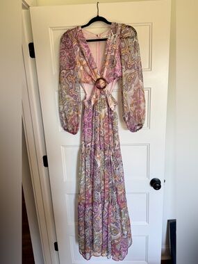 bigHit Women’s Bohemian Pink Paisley Long Sleeve Maxi Dress with Ring Detail